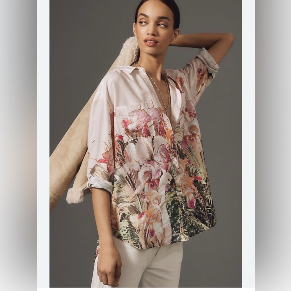 Anthropologie pink Botanical Garden swans button down shirt blouse XS s m
